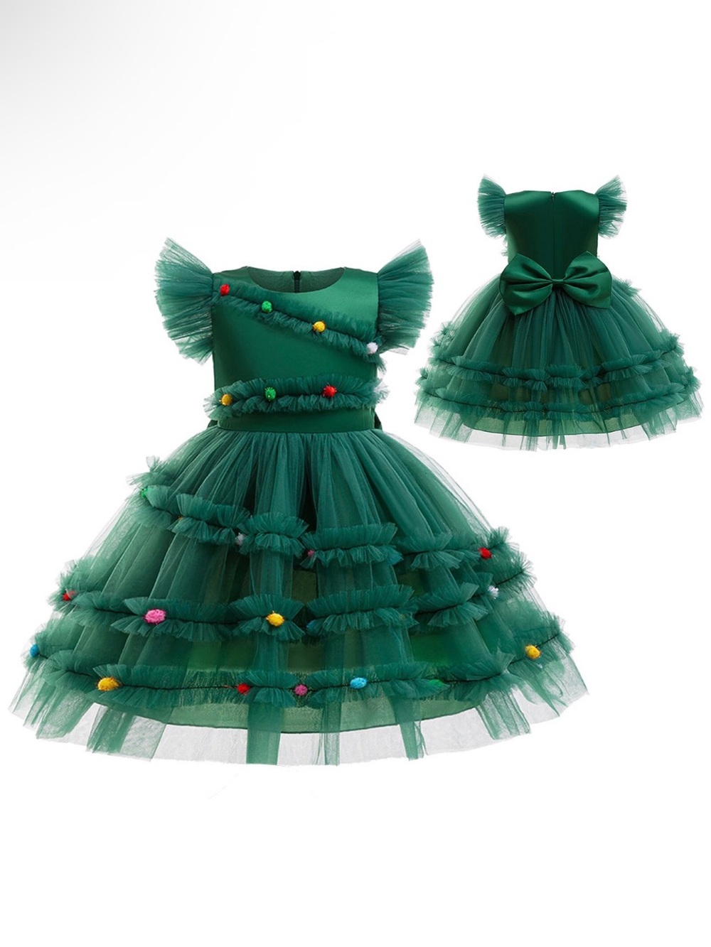 Girls Christmas Tree Costume Dress Pom-Pom Holiday Gown w/accessories 6-8 Years